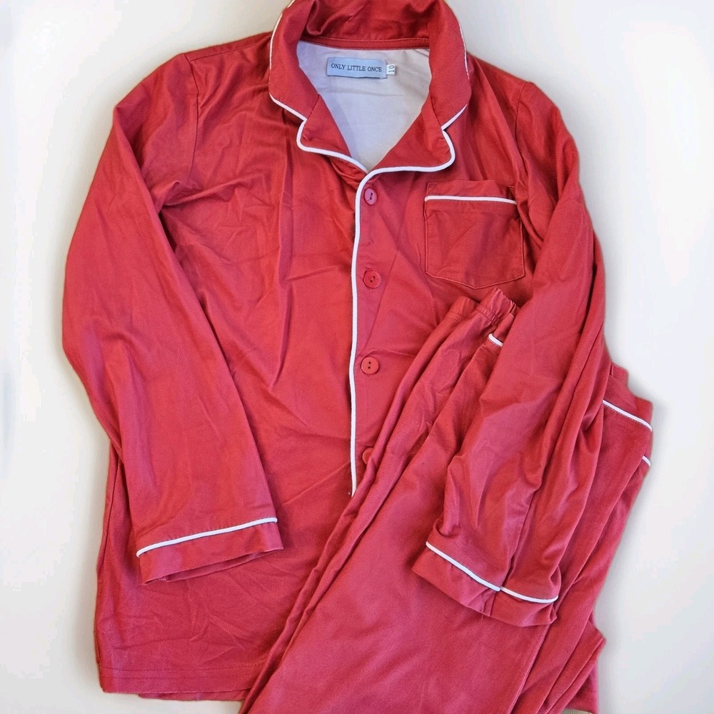 NWOT Only Little Once Red Christmas Holiday Pajama Set Size 10 2 Piece Button Up